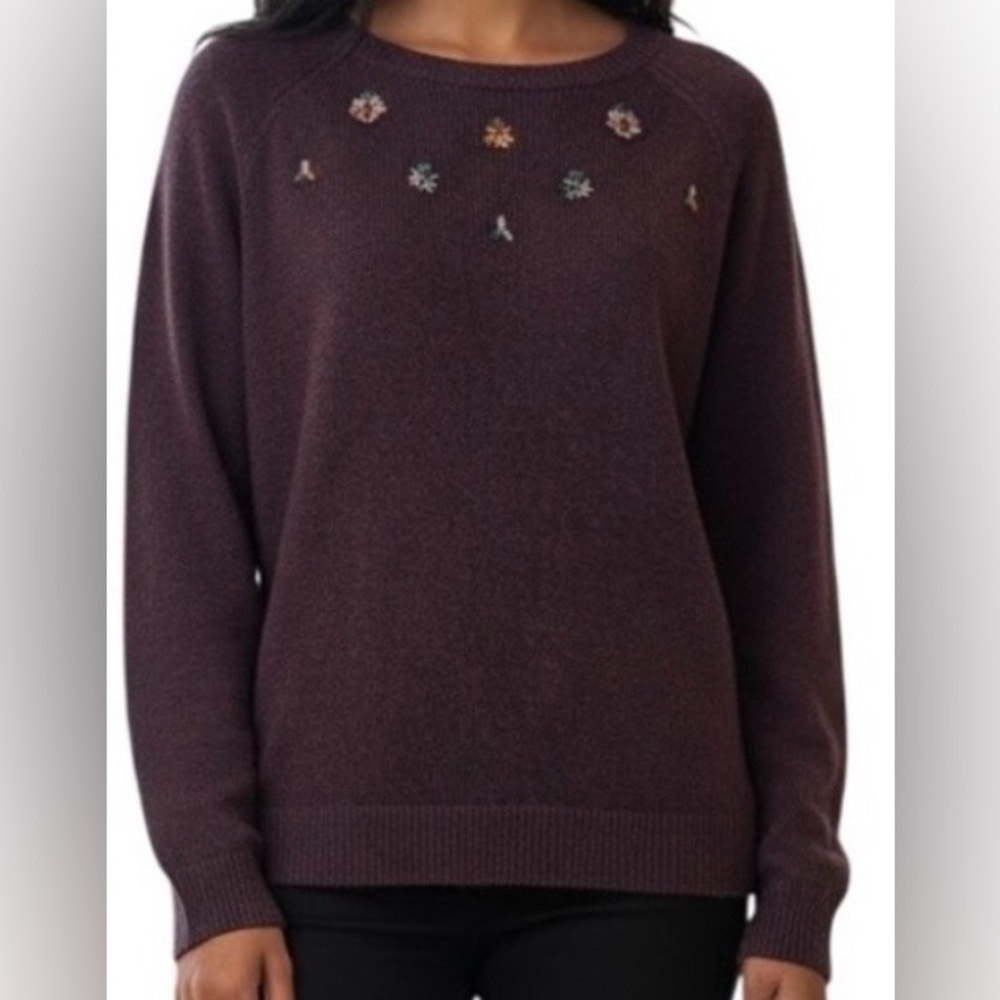 LOFT Dark Plum Jeweled Pullover Crewneck Sweater-XLarge